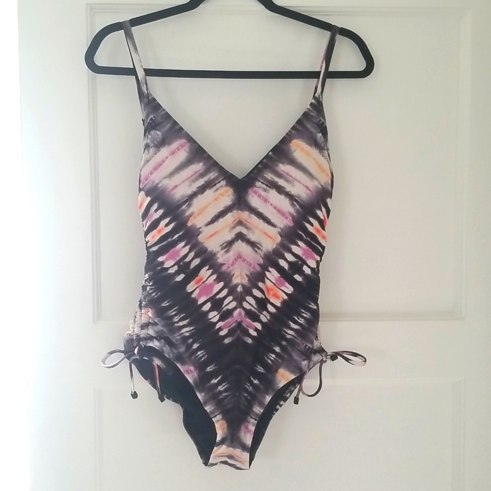 Black, purple and orange tye dye one piece swimsuit, like new.